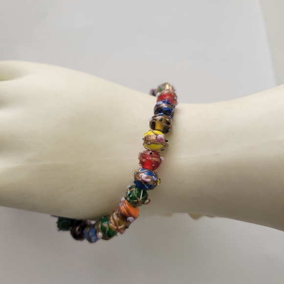 Vtg Wedding cake art glass Beaded Bracelet Statement Multicolor Venetian 7 1/4" - Picture 3 of 13